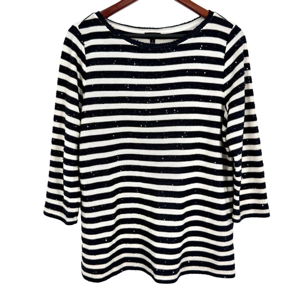 Talbots Woman Plus Size X XL Sequin Navy Blue Stripe Formal Blouse Shirt Top